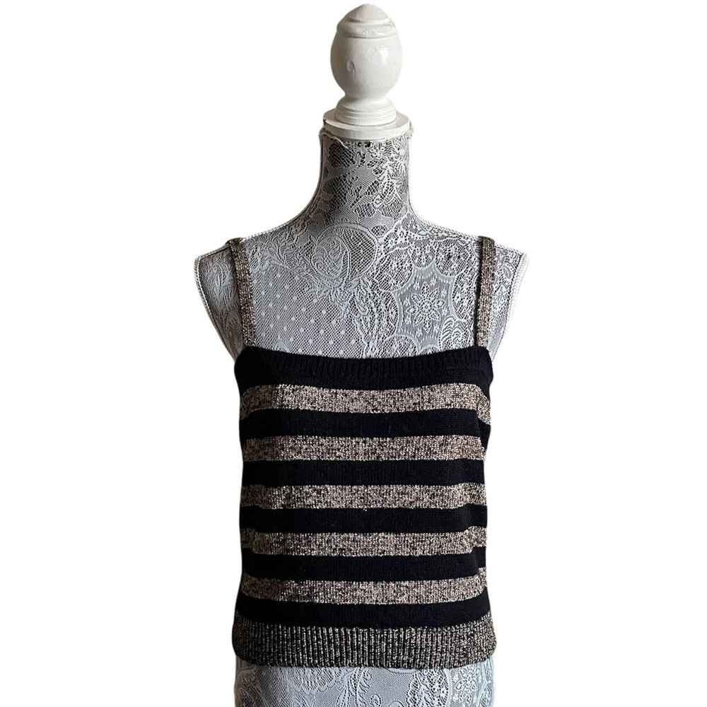 ❌ SOLD ❌ VTG 80s Halston III Striped Metallic Tank Top Black & Gold Size Small - Picture 1 of 8